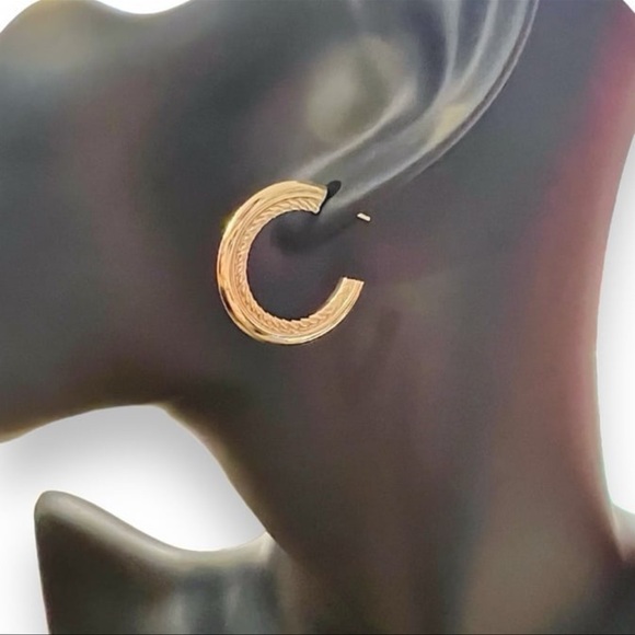 Vintage Gold post hoops with high shine and braided texture statement earrings - Picture 4 of 10